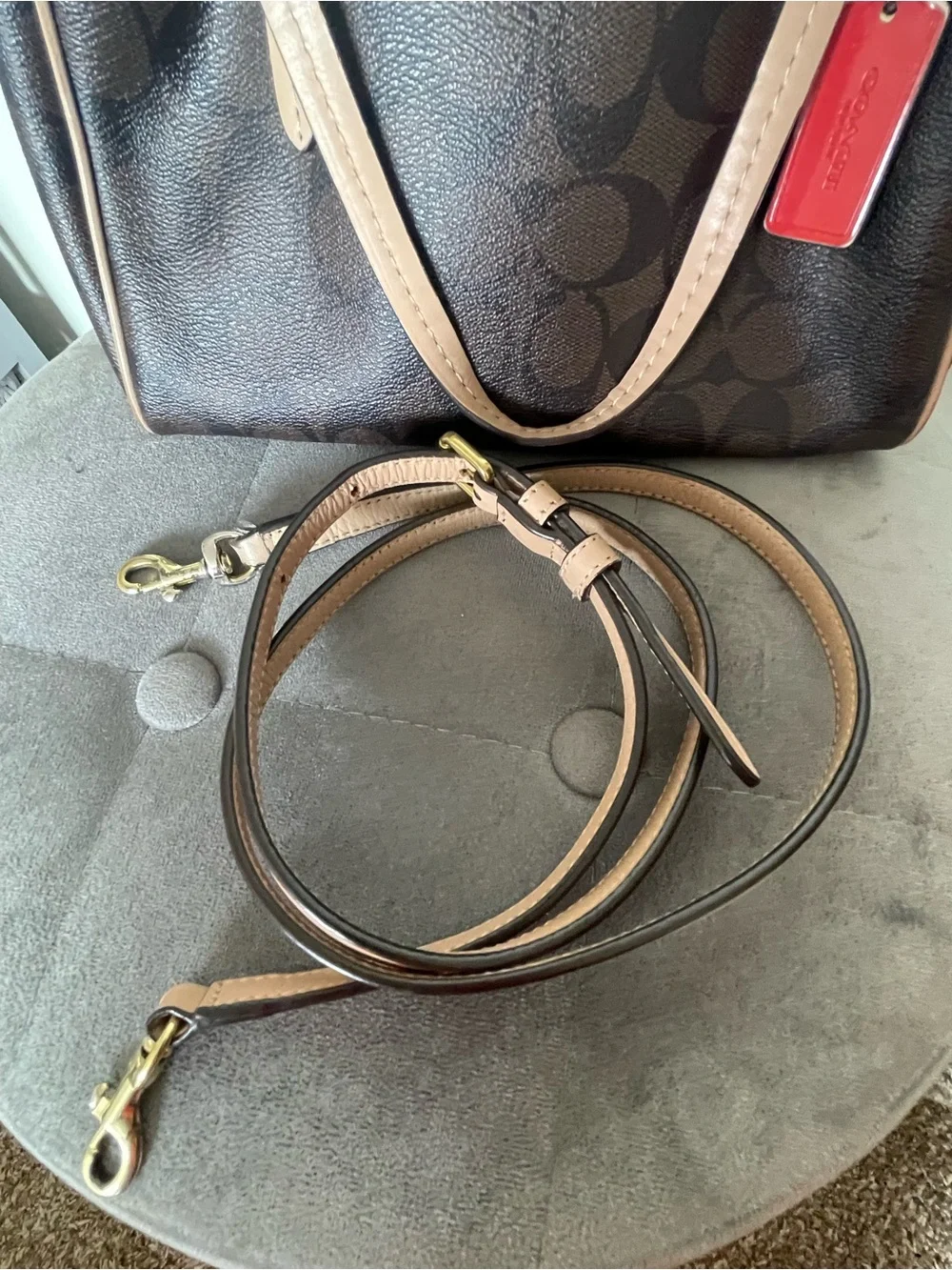 Coach Brown Signature Satchel with Beige Trim and Red Tag